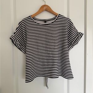 Express Black and White Striped Short Sleeve Top Tie Back Medium